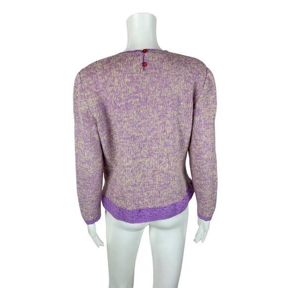 Vintage 60s Crochet Sweater Womens Medium Purple Cream Handmade Pullover - Picture 7 of 9